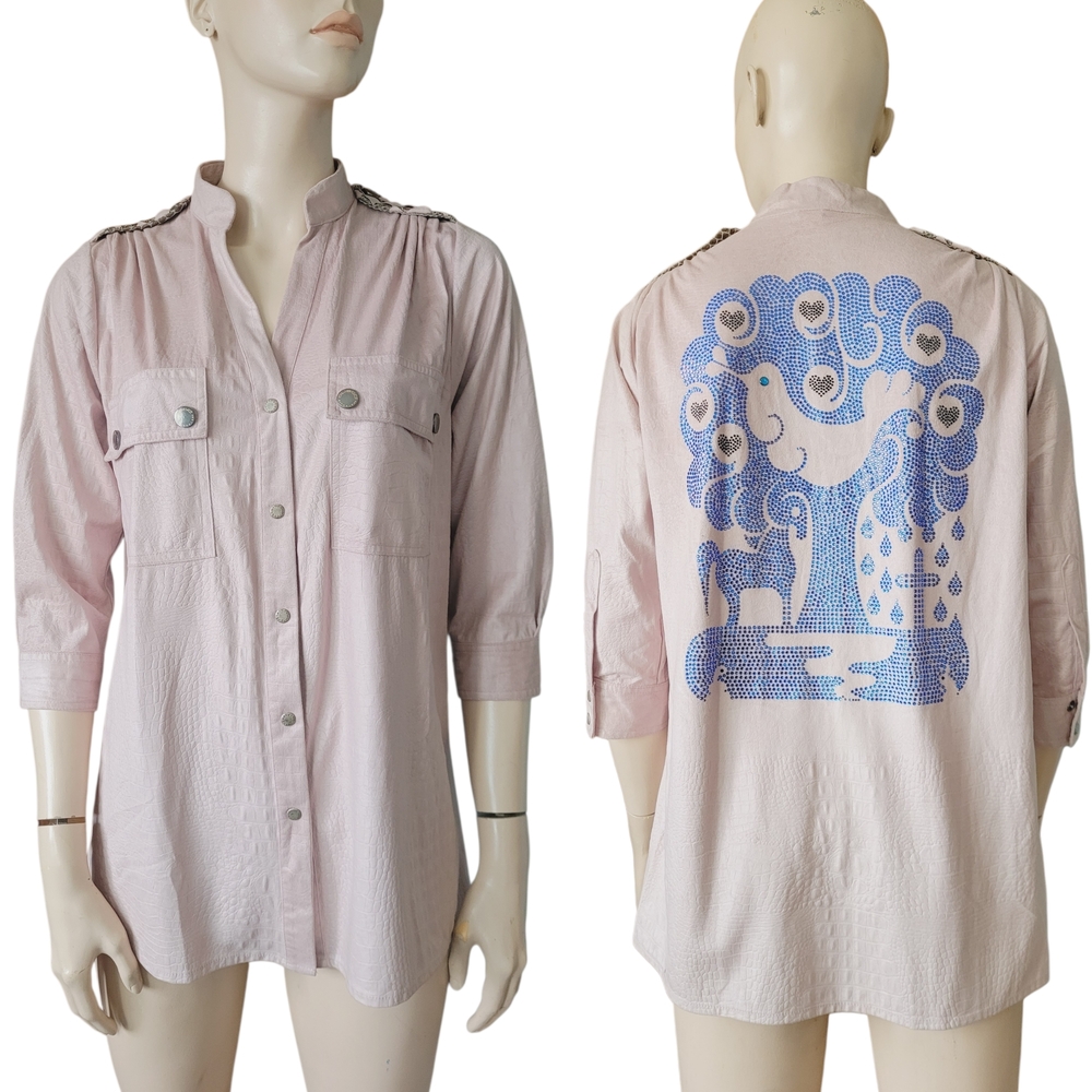 Custo Croc Embossed Faux Suede Blouse With Rhinestone Dove Graphic Blush Pink  S